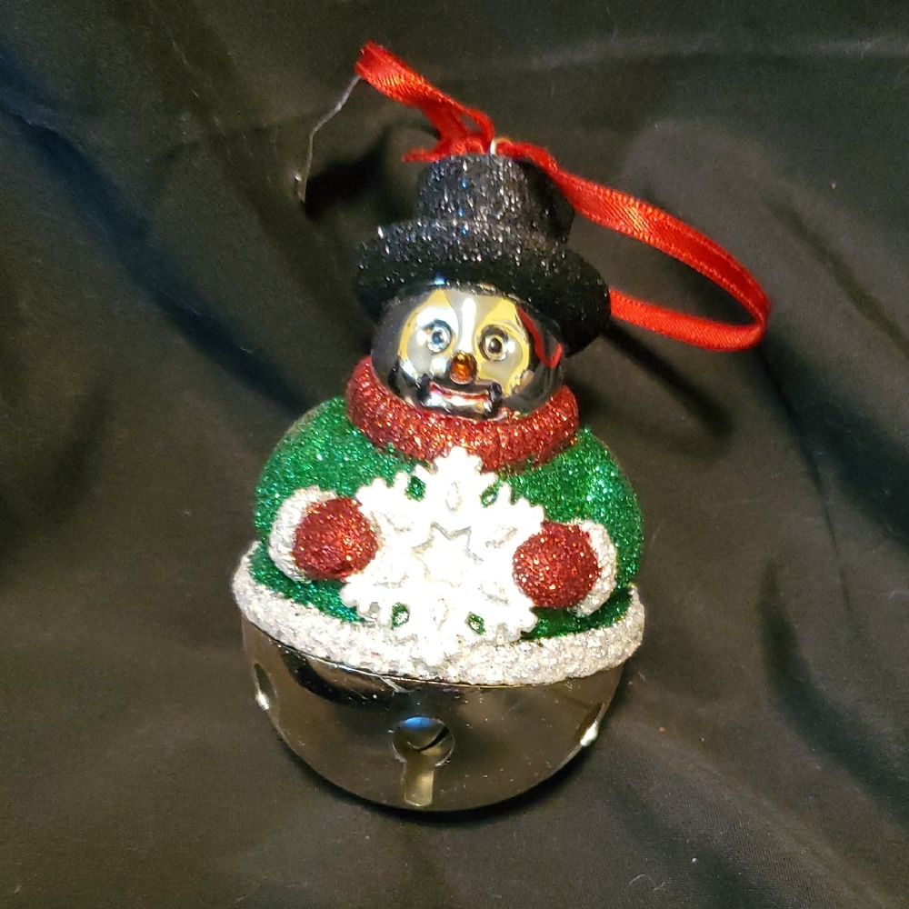 Reed & Barton Glittering Silver Snowman Ornament with Red and Green